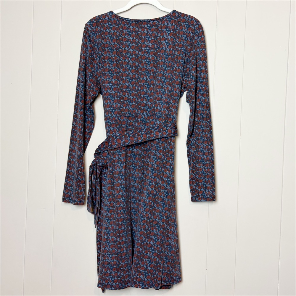 Toad&Co Long Sleeve Cue Wrap Dress Large Floral Blue Rust Comfy Side Pockets - Picture 5 of 8